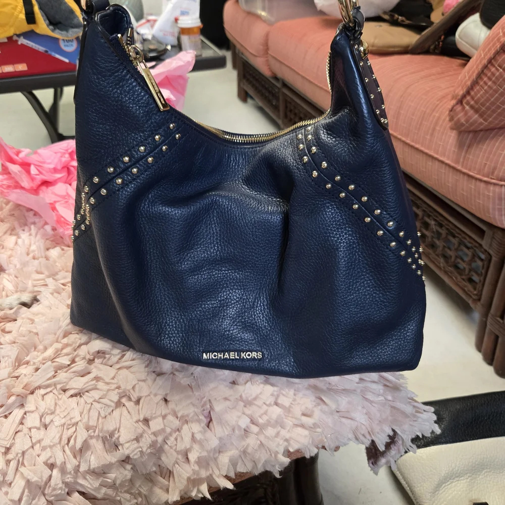 Michael Kors Navy Blue Leather Studded Shoulder Bag with Gold Hardware